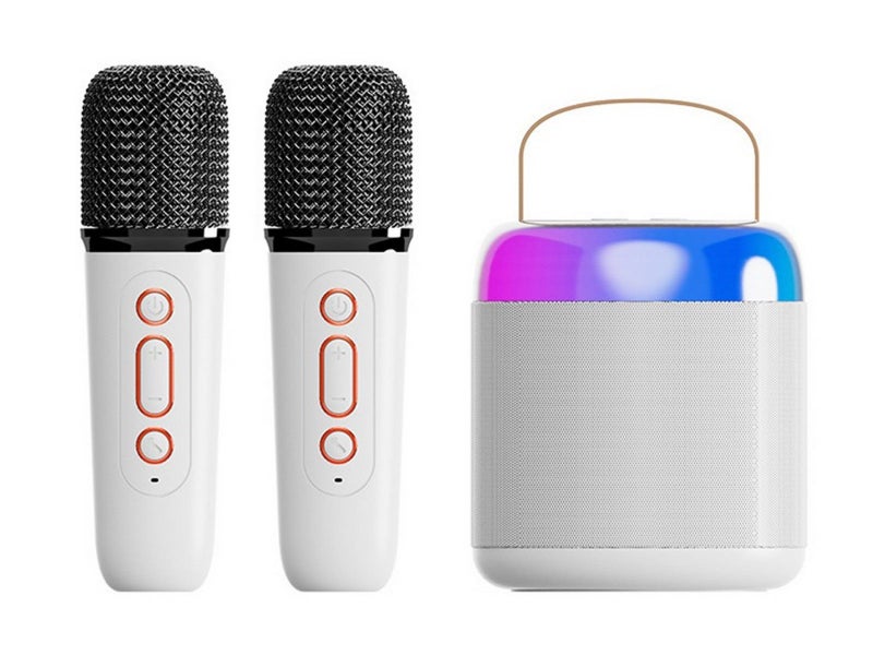 Bluetooth Mini Karaoke Machine Portable Speaker with 2 Wireless Microphone White Carousel 1