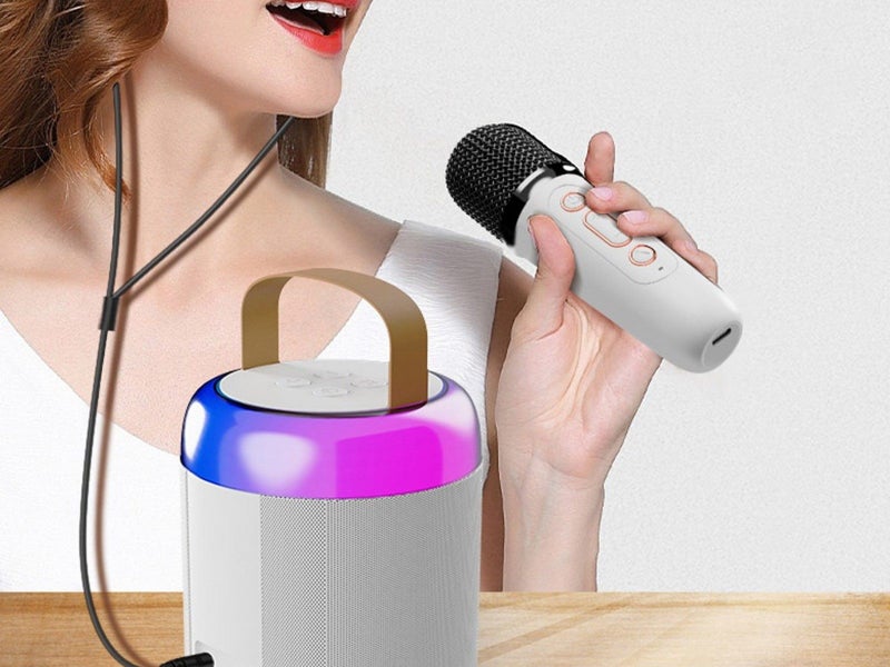 Bluetooth Mini Karaoke Machine Portable Speaker with 2 Wireless Microphone White Carousel 2
