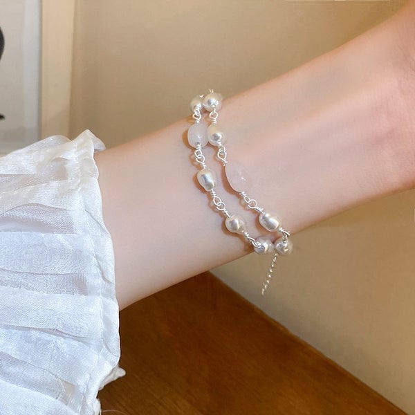 Double Layer Bracelet Baroque Pearls Pink Natural Stone Bracelet Carousel 2