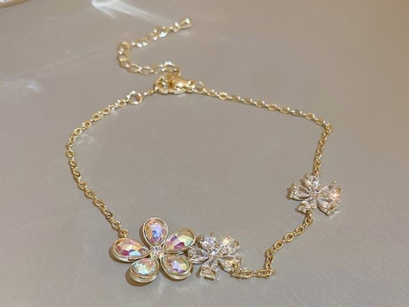 Anklet Stainless Steel Flower CZ Foot Bracelet Yellow Gold Plated Carousel 1