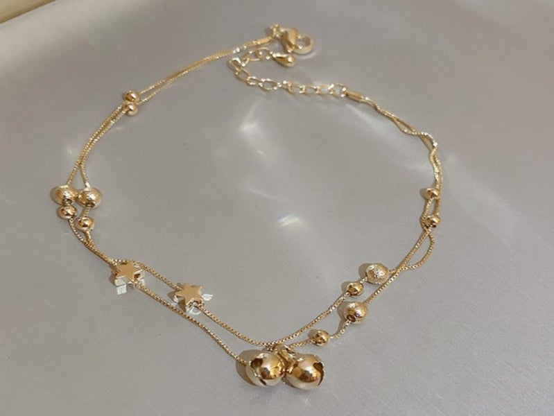 Anklet Stainless Steel Double Chain Bell Star Foot Bracelet Yellow Gold Plated Carousel 1