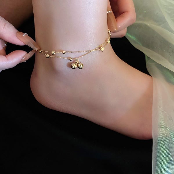 Anklet Stainless Steel Double Chain Bell Star Foot Bracelet Yellow Gold Plated Carousel 2