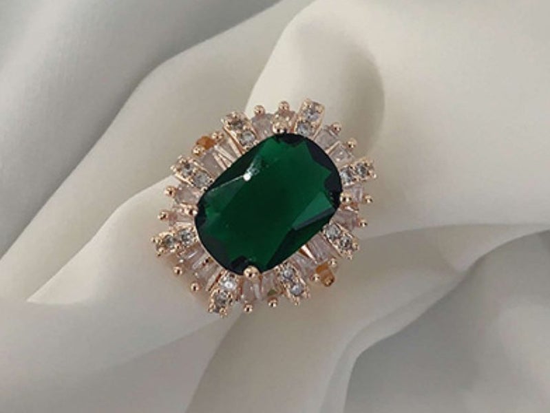 Ring Emerald CZ Platinum Rose Gold Plated Oval Design Ring Open Size Carousel 1