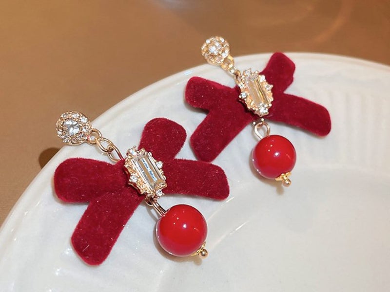 Studs Red Velvet Bowknot Earrings Yellow Gold Plated CZ Studs Carousel 1