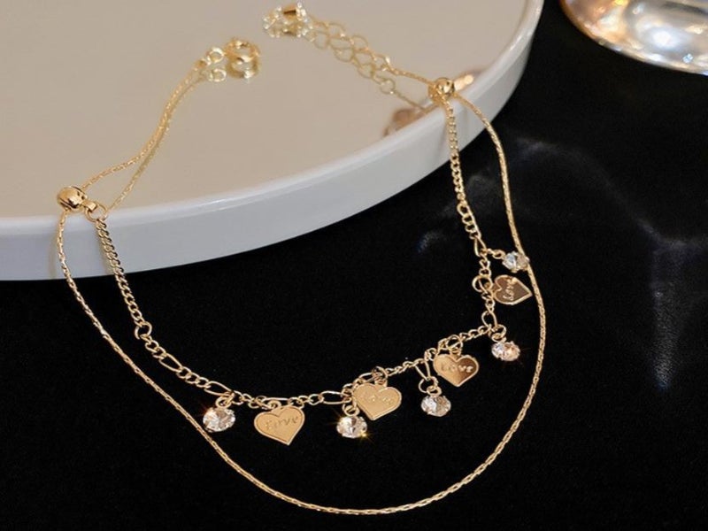 Anklet Stainless Steel Double Chain Heart CZ Foot Bracelet Yellow Gold Plated Carousel 1