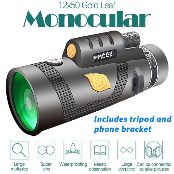 Moge 12x50 Monocular Telescope, Mobile Phone Attachment, Tripod, Low Light Lens Carousel 7
