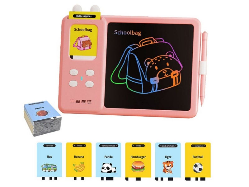 Kids LCD Writing Tablet Drawing Board with 224 Words Talking Flash Cards Pink Carousel 2