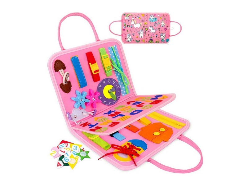 Montessori Busy Board Toy Felt Toddler Travel Educational Toy Pink Unicorn Style Carousel 1