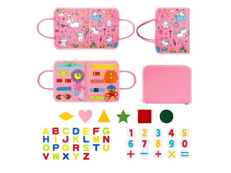 Montessori Busy Board Toy Felt Toddler Travel Educational Toy Pink Unicorn Style Carousel 2