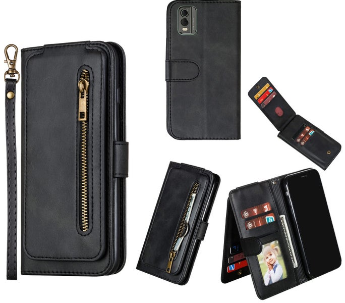 Nokia c32 leather wallet 9 Card Slots Vertical Flip &zip (black) Carousel 1