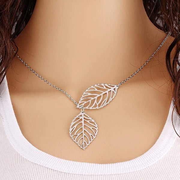 Leaf Necklace Twin Leaves Necklace Pendant Necklace Silver Simple Lariat Necklac Carousel 1
