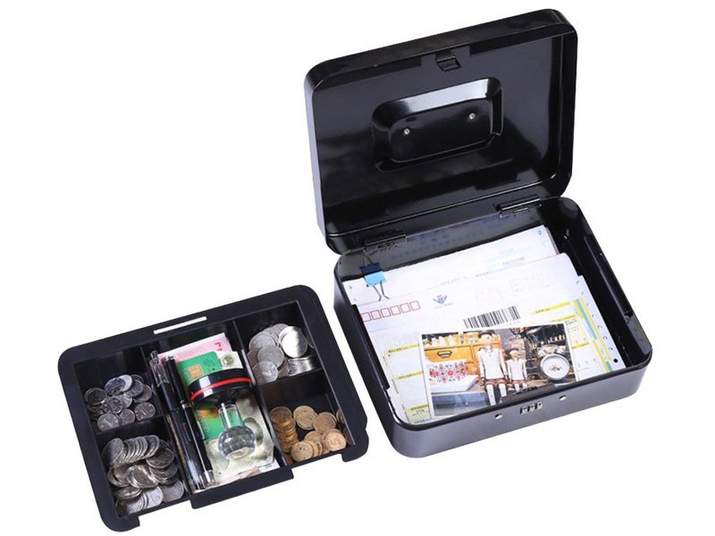 30x24x9cm Combination Lock Cash Box with Coin Tray Money Box Desktop Safe Black Carousel 2
