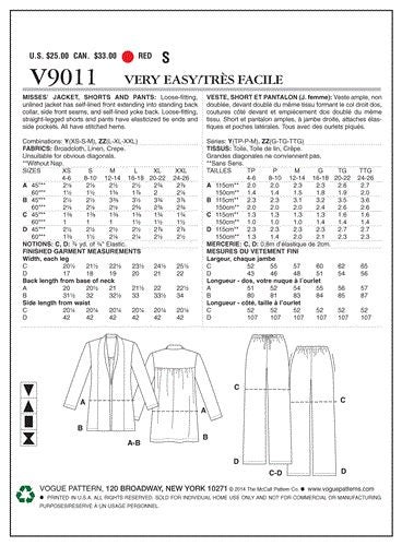 Vogue Pattern 9011 Misses' Jacket Shorts and Pants V9011 LRG-XLG-XXL Carousel 2