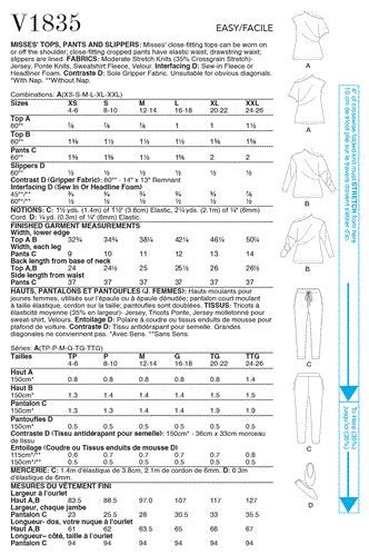 Vogue Pattern 1835 Misses' Tops Pants and Slippers V1835 A (XS-S-M-L-XL-XXL) Carousel 2