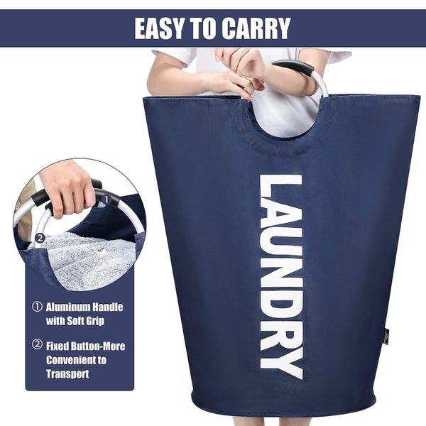 90l Large Collapsible Washing Laundry Basket Bag For Bedroom, Fabric (dark Blue, Carousel 2