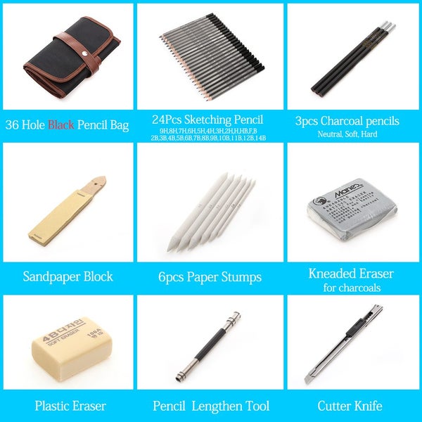 27/39pcs Sketch Pencil Set Professional Sketching Drawing Kit Wood Carousel 7