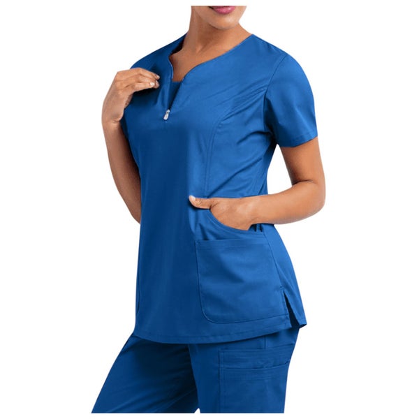 Women Short Sleeve Scrub Tops Solid Nurse Uniform V-Neck Pocket Care Carousel 1