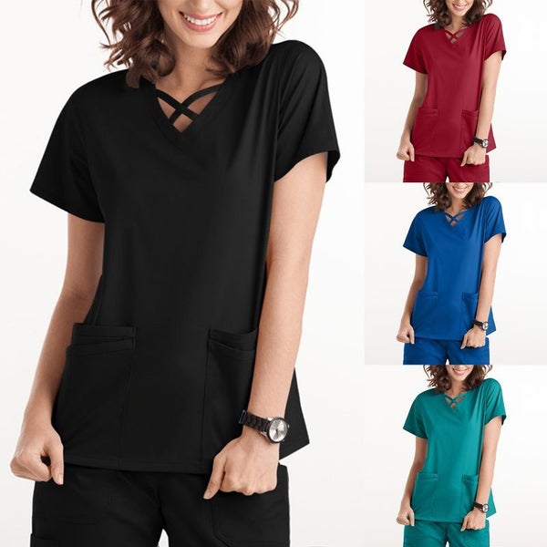 Women Short Sleeve Scrub Tops Solid Nurse Uniform V-Neck Pocket Care Carousel 2