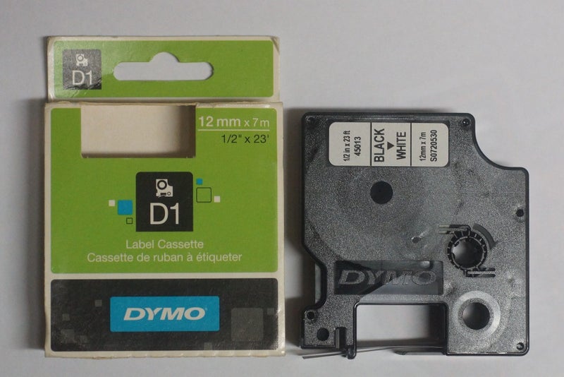 Dymo D1 Label Tape. 12mm x 7m. Black on White Adhesive Laminated Tape. 45013 Carousel 1