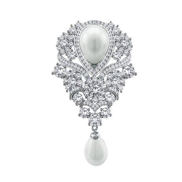 Silver Cubic Zirconia Crystal Imitation Pearl Pendant Bridal Wedding Brooch Pin Carousel 1