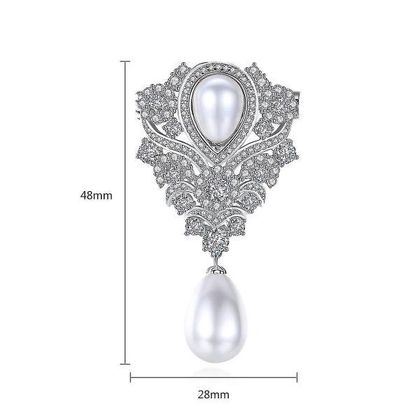 Silver Cubic Zirconia Crystal Imitation Pearl Pendant Bridal Wedding Brooch Pin Carousel 2