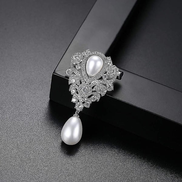 Silver Cubic Zirconia Crystal Imitation Pearl Pendant Bridal Wedding Brooch Pin Carousel 5