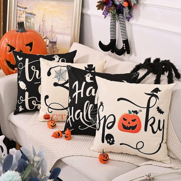Set Of 4 Decorative Halloween 18 X 18" Throw Pillow Covers - Trick Or Treat Pump Carousel 1