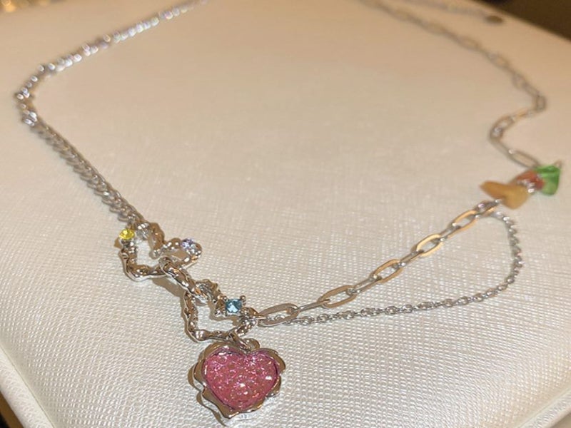 Pink Heart Pendant Necklace Colorful Cubic Zirconia Neck Collarbone Chain Carousel 1