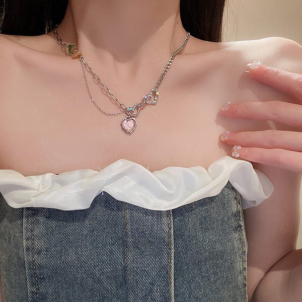 Pink Heart Pendant Necklace Colorful Cubic Zirconia Neck Collarbone Chain Carousel 2