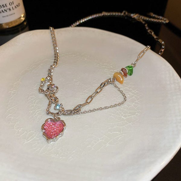 Pink Heart Pendant Necklace Colorful Cubic Zirconia Neck Collarbone Chain Carousel 3