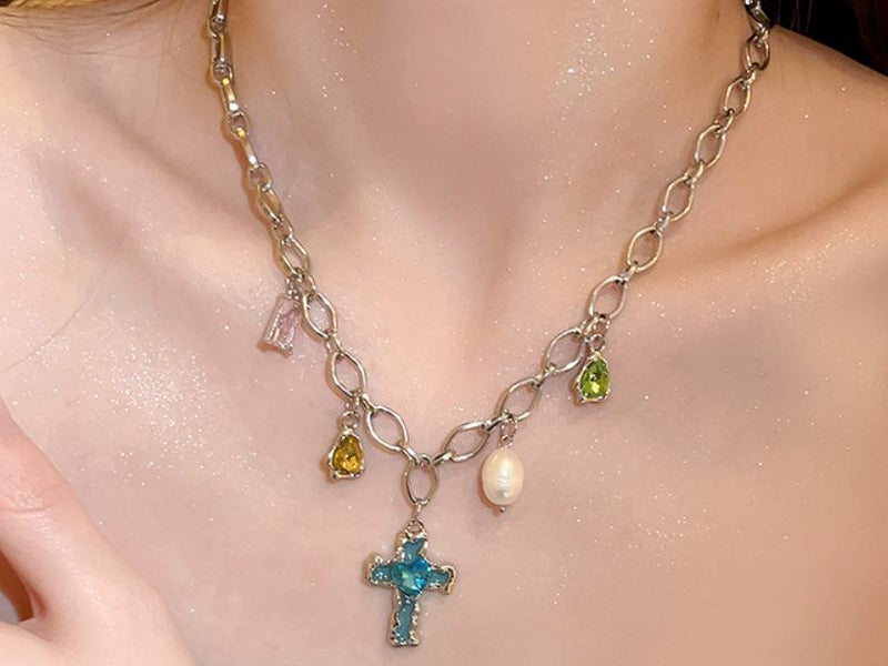 Blue Cross Pendant Necklace Colorful Cubic Zirconia Pearls Neck Collarbone Chain Carousel 1
