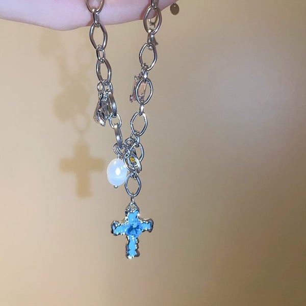 Blue Cross Pendant Necklace Colorful Cubic Zirconia Pearls Neck Collarbone Chain Carousel 2