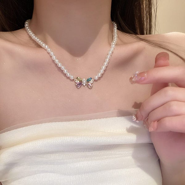 Colorful Cubic Zirconia Butterfly Pendant Necklace Pearls Elegant Jewelry Gifts Carousel 2