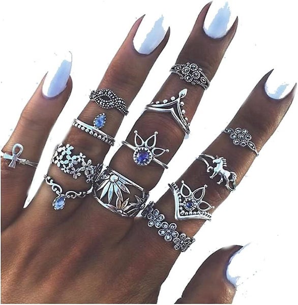 13pcs Vintage Knuckle Ring Set Hollow Carved Flowers Stackable Rings Boho Crysta Carousel 1