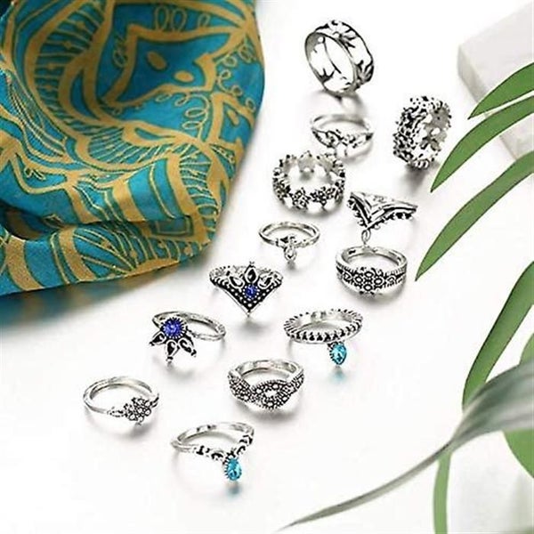 13pcs Vintage Knuckle Ring Set Hollow Carved Flowers Stackable Rings Boho Crysta Carousel 5