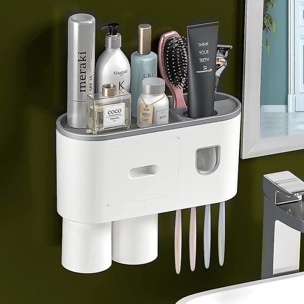 Bathroom Organizer Toothpaste Automatic Dispenser Toothbrush Holder Wall Mounted Carousel 1