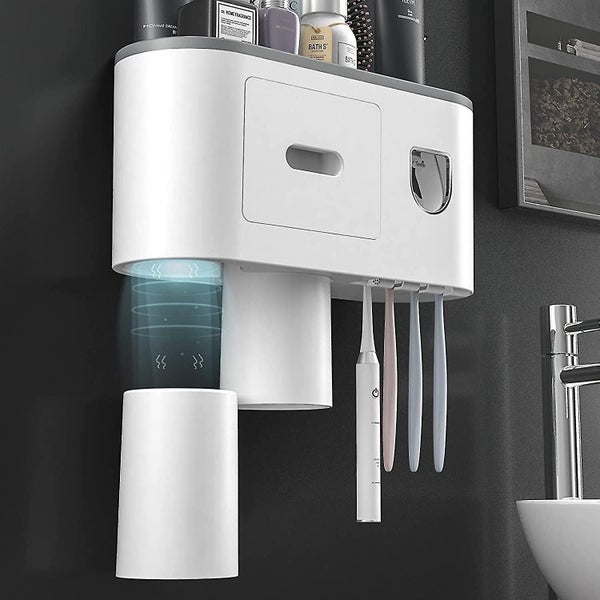 Bathroom Organizer Toothpaste Automatic Dispenser Toothbrush Holder Wall Mounted Carousel 5