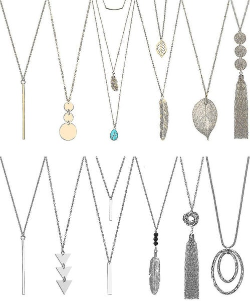 6 Pcs Long Pendant Necklace For Women, Gold Bar Circle Leaf Triangle Tassel Y Ne Carousel 1