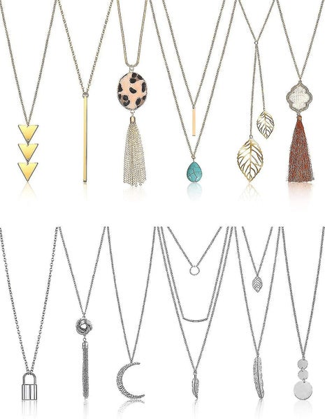 6 Pcs Long Pendant Necklace For Women, Gold Bar Circle Leaf Triangle Tassel Y Ne Carousel 2