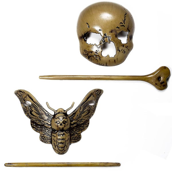 2 Skull And Death Moth Hair Clips, Halloween Horror Skull Barrette Stick Vintage Carousel 1
