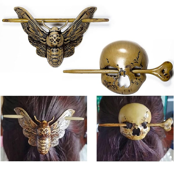 2 Skull And Death Moth Hair Clips, Halloween Horror Skull Barrette Stick Vintage Carousel 2