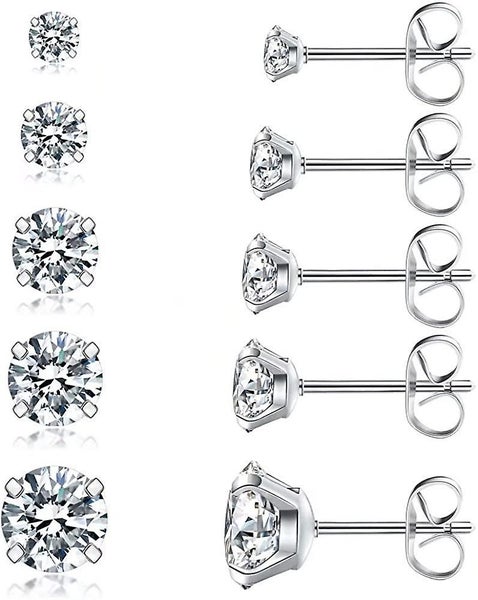 5 Pairs Stud Earrings Set, Hypoallergenic Cubic Zirconia 316l Earrings Stainless Carousel 1