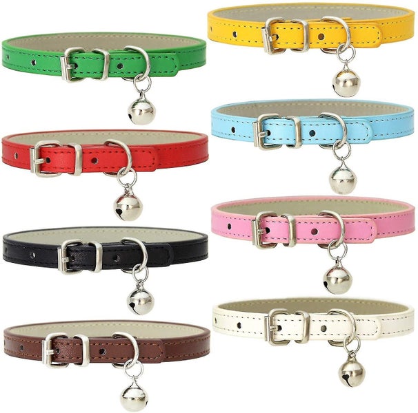 8 Pack Leather Cat Collars With Bells And Adjustable Polished Metal Buckles Dura Carousel 1