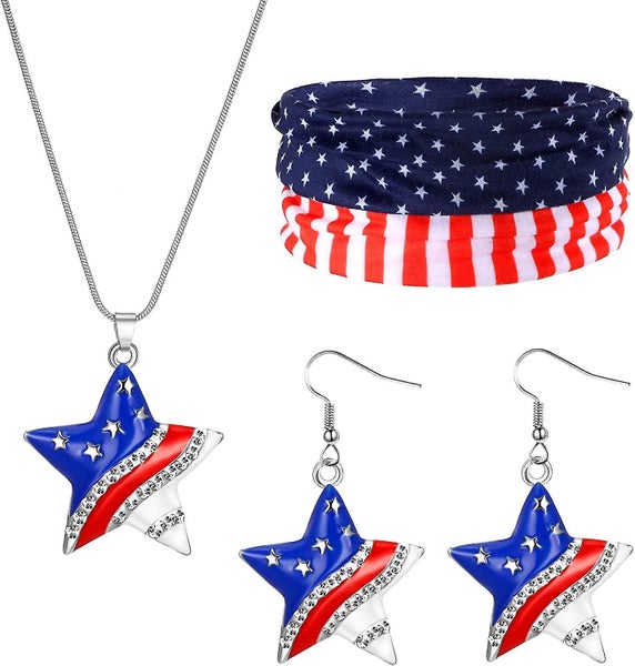 Flag Headband American Usa Flag Star Pendant Necklace Independence Day Earrings Carousel 1