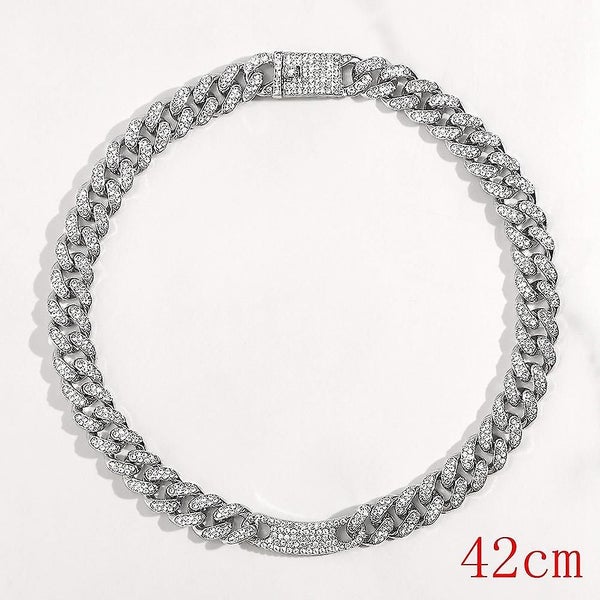 Iced Out Rhinestones Miami Curb Cuban Chain Necklace Bling Gold Silver Color Chu Carousel 1