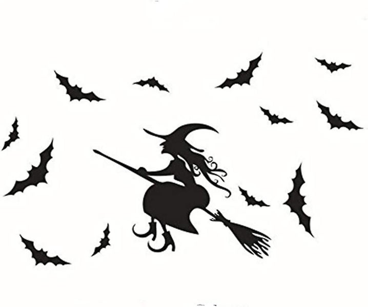 Halloween Flying Witch On Broom Bats Pvc Lettering Decal Home Decor Window Bedro Carousel 1