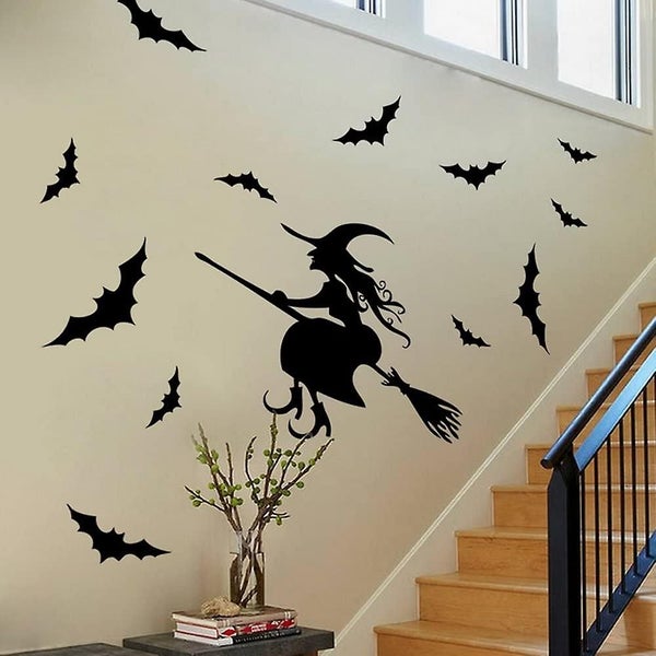 Halloween Flying Witch On Broom Bats Pvc Lettering Decal Home Decor Window Bedro Carousel 5