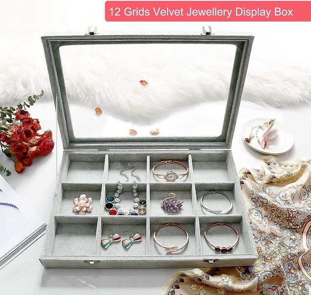 Ice Velvet Clear Lid 12 Grid Jewelry Organizer Box Tray Display Case Storage Bra Carousel 2