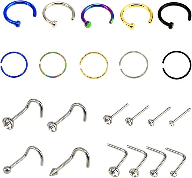 Nose Rings Hoops,22pcs/set Mix Shape Stainless Steel Nose Stud Ring Unisex Body Carousel 1