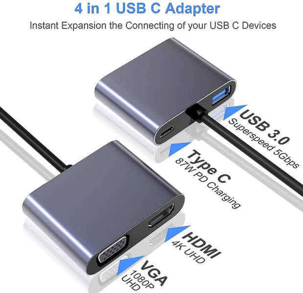 Usb C To Vga Hdmi Adapter, 4 In 1 Type C Hub To Vga Hdmi 4k Uhd With 87w Pd Char Carousel 2